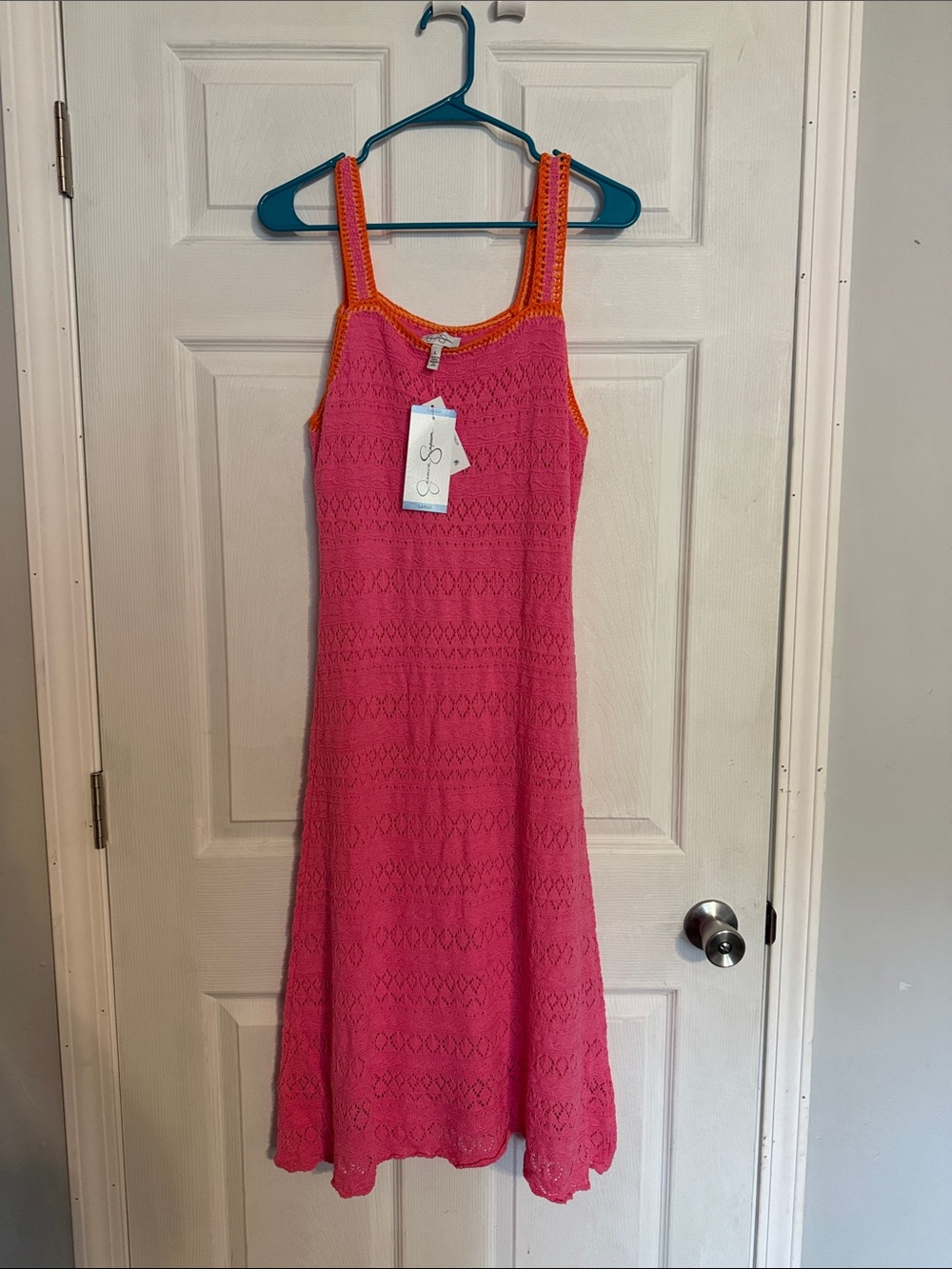 Womens Pink Crochet Knit Sundress with Orange Trim